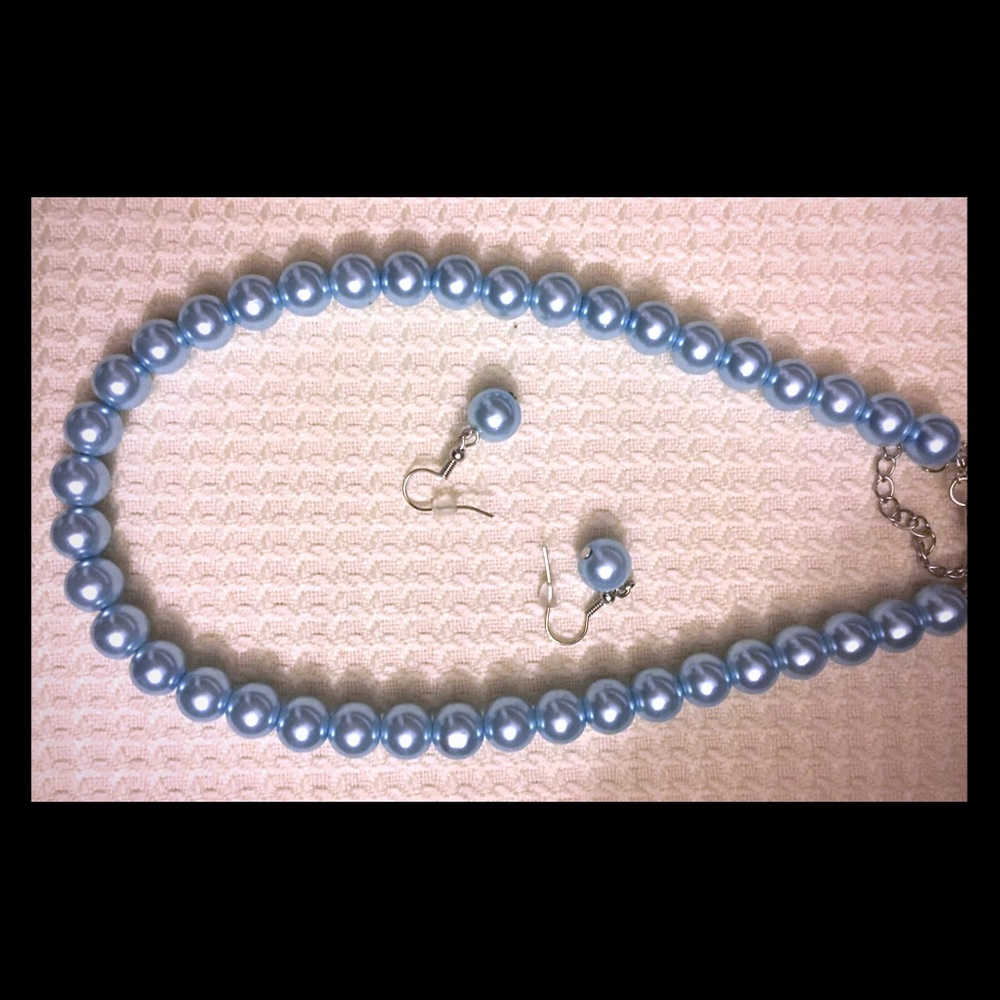 New Faux Sky Blue Pearl Necklace and Earrings